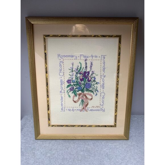 Framed Handmade Floral Needlework "Rosemary Flax Iris Lavender Borage Chicory" 1 - Picture 4 of 11
